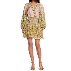 A Loves A Floral Print Surplice V-Neck Long Bubble Sleeve Wrap A-Line Dress Pink